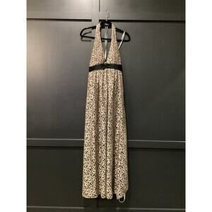 Kay Unger New York Halter Neck Plunge Neck silk lace Maxi Dress gown Black gold